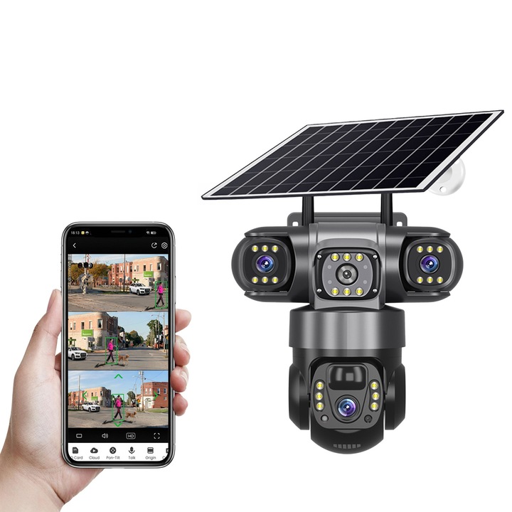 Camera de Supraveghere Solara 3 Obiective 5MP, Panou Solar 7.5W, 4G SIM + WiFi, Rotire 355°, Night Vision Color, Detectie 12M, V380 PRO