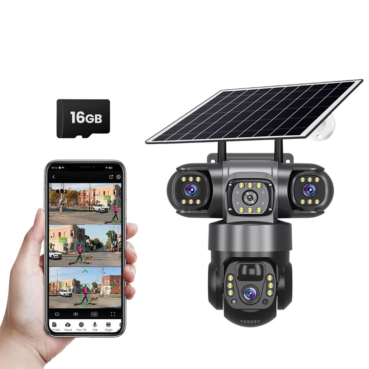 Cameră de Supraveghere Solară 5MP, 3 Obiective, Panou Solar 7.5W, 4G SIM + WiFi, Rotire 355, V380 PRO, Card 16GB, Neagră