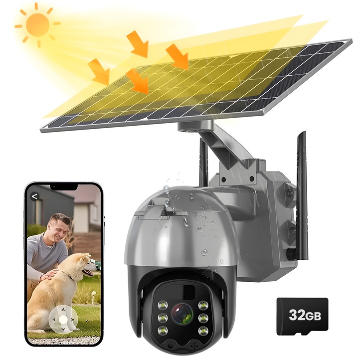 Camera supraveghere solara Technovici, WiFi PTZ 2K 8MP, Exterior, Vedere nocturna color 30m, Senzor PIR, Alarma sonora, Audio bidirectional, IP66, Card 32GB