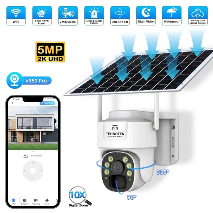 Camera de supraveghere cu Panou solar si cartele SIM, TehnoTek, Acumulator 8000mAh, Panou solar 8W, Rezolutie 2K, Lentila 4MP, Zoom digital 10x, Urmarire inteligenta, Vedere de noapte color, Audio Bidirectional, Culoare Alb Negru