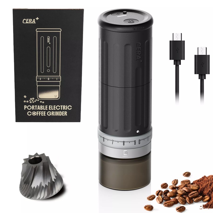 Rasnita Electrica Portabila pentru Cafea, Famify, 90 Setari Macinare, Rasnite Otel Inoxidabil, Baterie Reincarcabila USB, Macinare Precisa pentru Espresso / French Press / Pour Over, Design Premium, Negru
