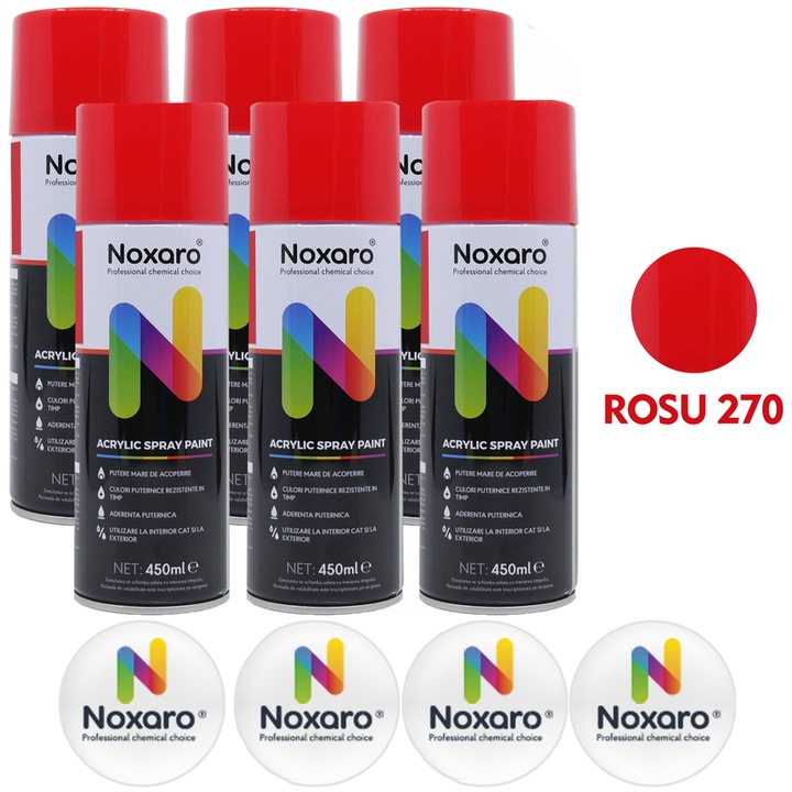 Set 6 Vopsea spray Rosu 270, NOXARO, Cantitate 450ml, 4x Stickere