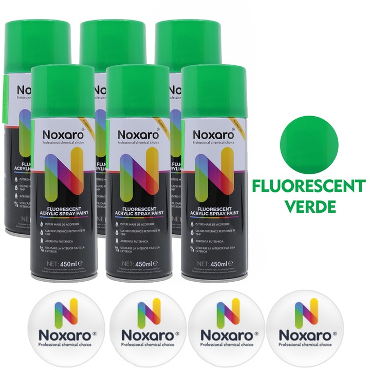 Set 6 Vopsea spray Fluorescent Verde, NOXARO, Cantitate 450ml, 4x Stickere