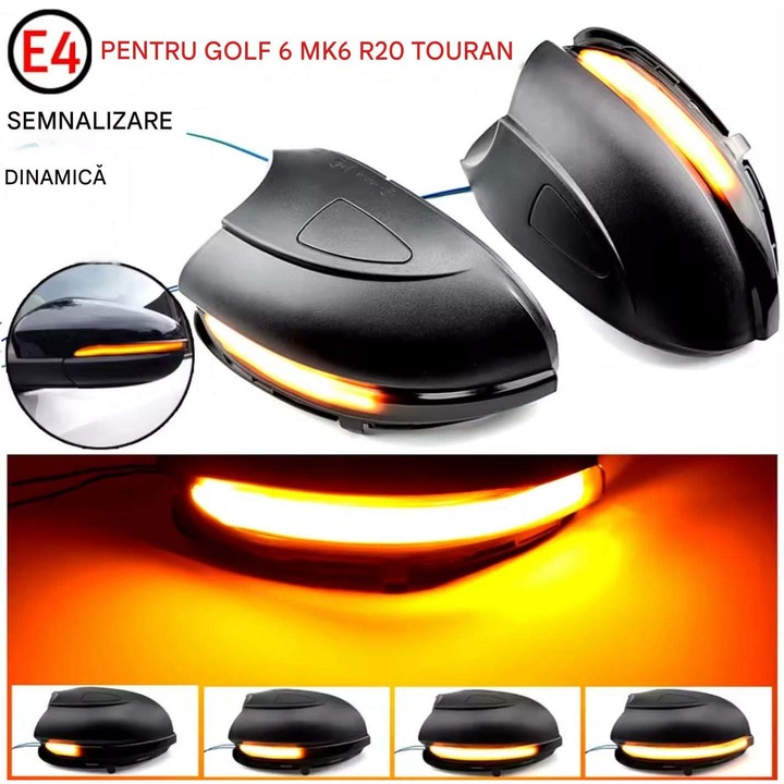 Semnalizari dinamice oglinda VOLKSWAGEN Golf 6 MK6, GTI, R20, 2008-2014, Touran 2011-2014, Lumina secventiala, Canbus, Fara eroare, Inscriptie E4, Fumurie, Culoare Galben, Instalare Plug & Play