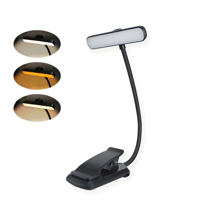 Lampa de carte pentru citit Vigaldo™, Clema de Prindere, 24 x LED-uri, 3 Culori Rece-Cald-Neutru, 5 Niveluri de Intensitate, Acumulator 1000mAh, Reincarcabila USB, Cap Rotativ, Gat Flexibil, Negru