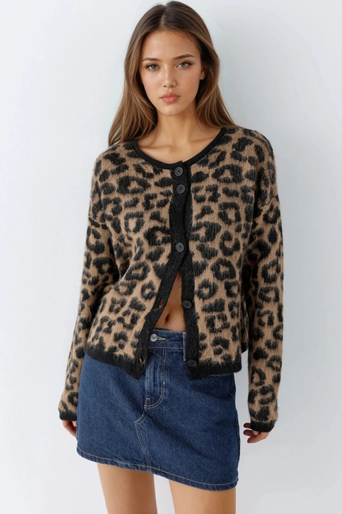 Cardigan MyFashion, imprimeu leopard, maro, 100% acrilic, One Size INTL