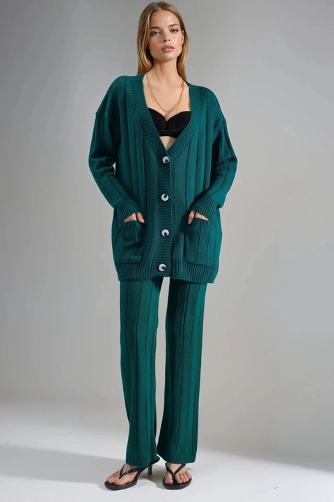 Compleu tricotat, MyFashion, cardigan cu decolteu in V, pantaloni cu picior larg, verde, One Size INTL