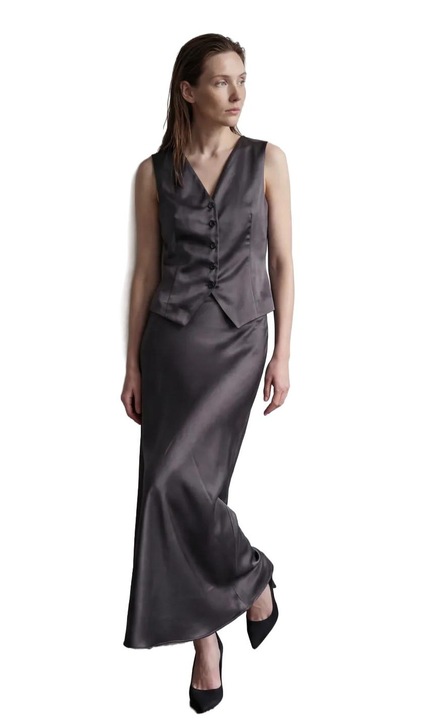 Compleu dama, MyFashion, set din doua piese, decolteu in V, gri inchis, satin