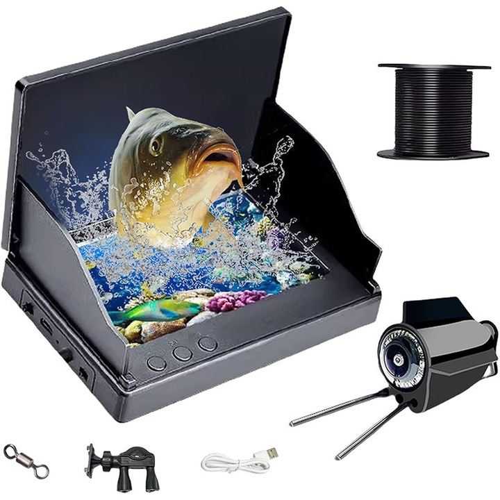 Rqiurpn 5" HD víz alatti videokamera, széles látószögű, 8000mAh akkumulátor, 30m kábel, IP68, fekete