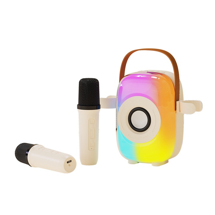 Difuzor portabil, Bluetooth 5.3, sunet stereo 2.0, audio de inalta definitie, iluminare RGB, cu doua microfoane, intrare TF/AUX, baterie de 1200 mAh, incarcare USB, alb