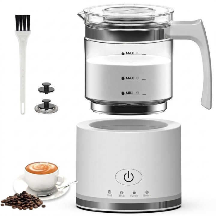 Aparat de spumat lapte Leccik® 4-in-1, 600W, capacitate 500ml, pentru spuma calda si rece, design cu cupa din sticla transparenta, compatibil cu masina de spalat