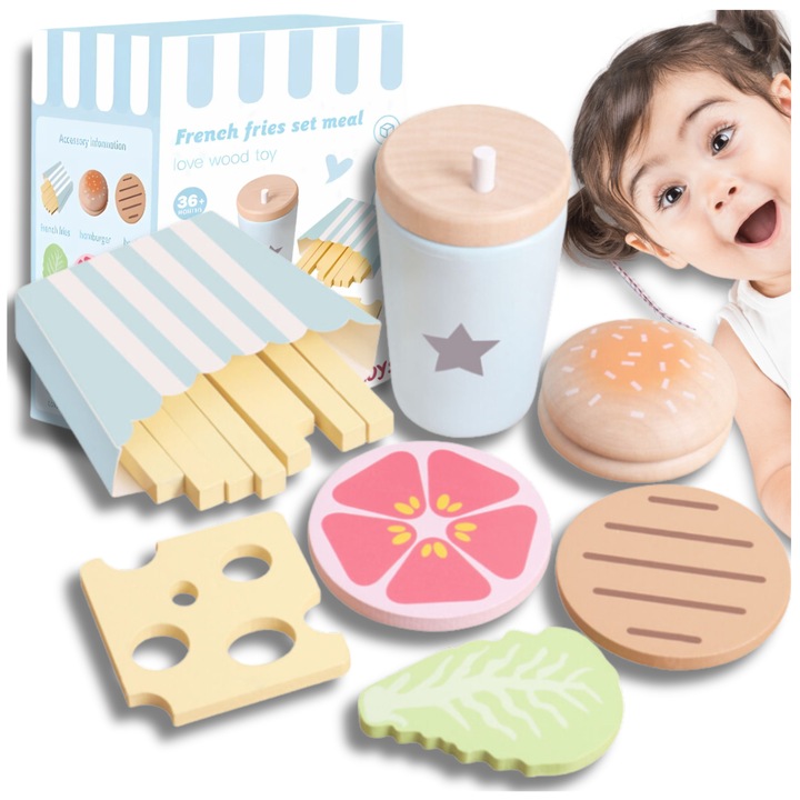 Образователен дървен комплект за хамбургери за деца, Лука, с пържени картофи и напитка, многоцветен