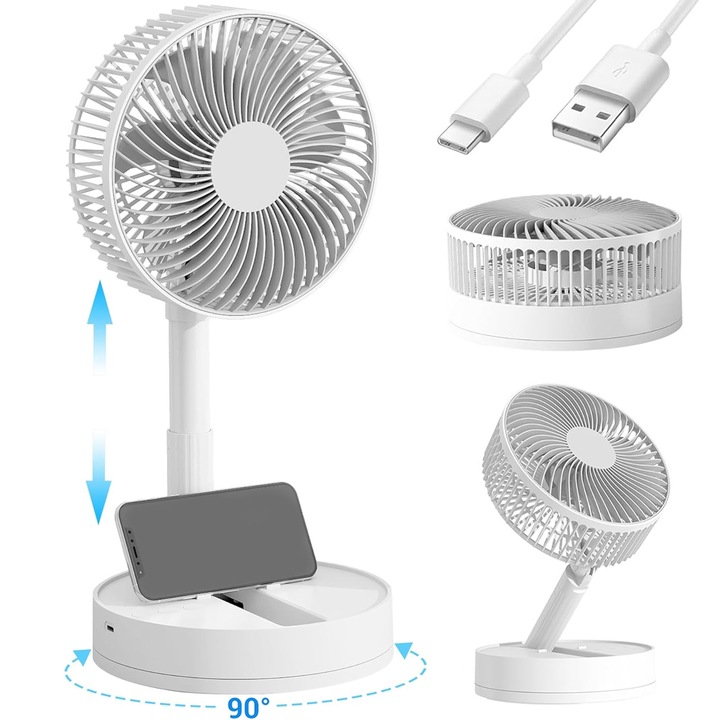 YOUKUKE® hordozható asztali ventilátor, 24 órás üzemidő, 5400 mAh akkumulátor, összecsukható, 42 cm, USB töltés, DC motor, állítható irány, fehér