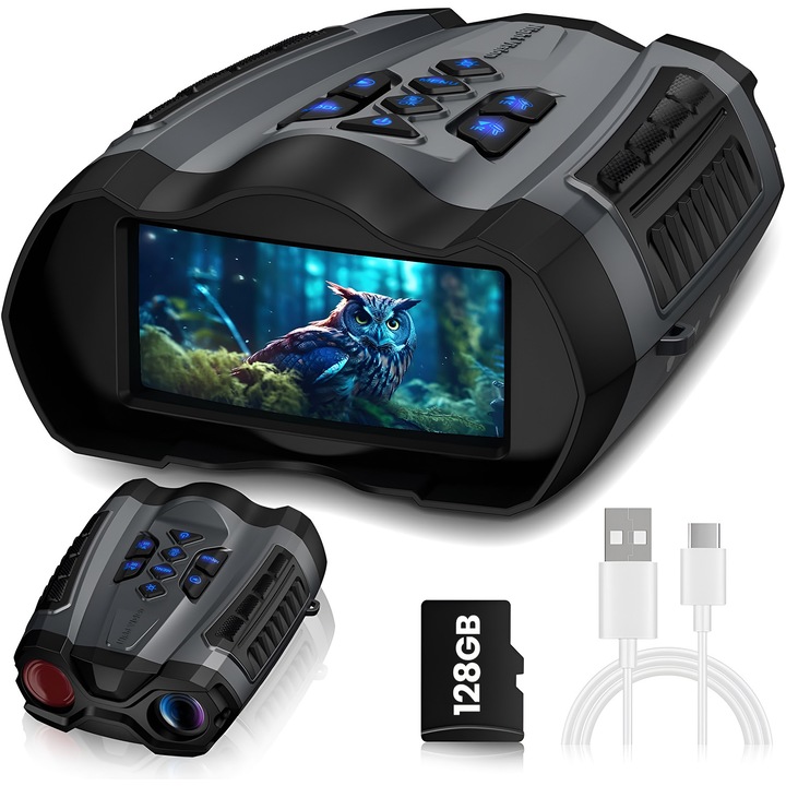 Binoclu Vedere Nocturna 4K cu Card 128GB, Ecran 3.5 Inch, Zoom 16X, Baterie 5000mAh, 9 Niveluri IR, IP54 Rezistent Apa, Video 4K, Foto 36MP, Vanatoare, Camping, Pescuit, Outdoor