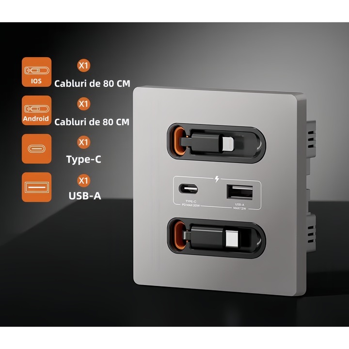 Priza de perete Poisoon® cu Incarcare Rapida 20W, Cabluri retractabile lungime 0.8m USB-C si Lightning, Porturi USB-A si USB-C, 16A，1x USB-A, 1x USB-C, PD 20W, 86x86x7mm, gri