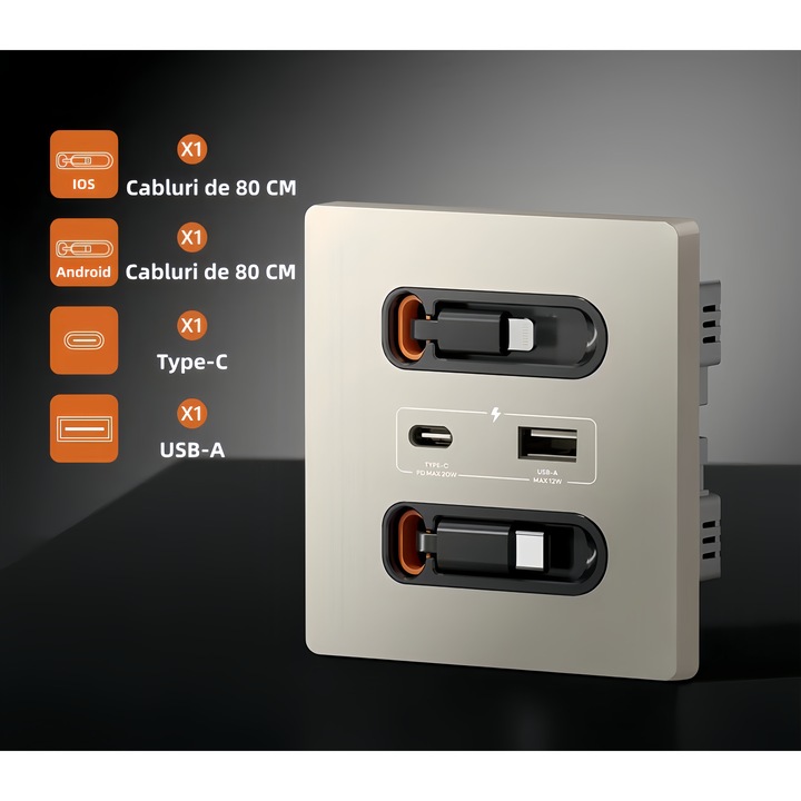 Priza de perete Poisoon® cu Incarcare Rapida 20W, Cabluri retractabile lungime 0.8m USB-C si Lightning, Porturi USB-A si USB-C, 16A，1x USB-A, 1x USB-C, PD 20W, 86x86x7mm, auriu