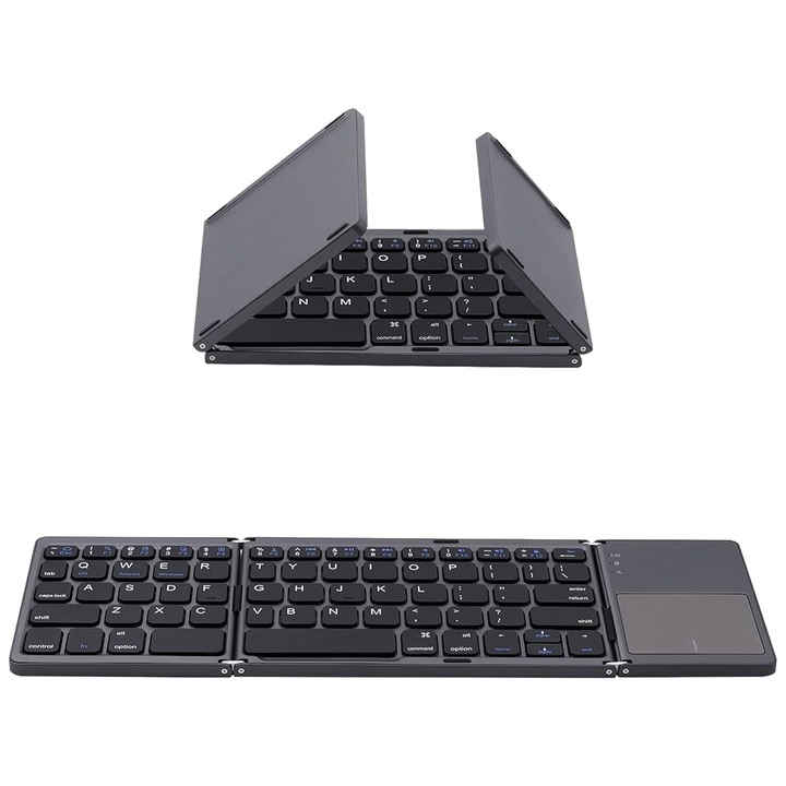 Tastatura wireless pliabila FooFoony cu touchpad, mini tastatura wireless BT portabila de buzunar, pliabila in 3 sectiuni, reincarcabila USB-C, ultra subtire, suporta mai multe dispozitive/iOS/Android/MacOS/Windows, Negru