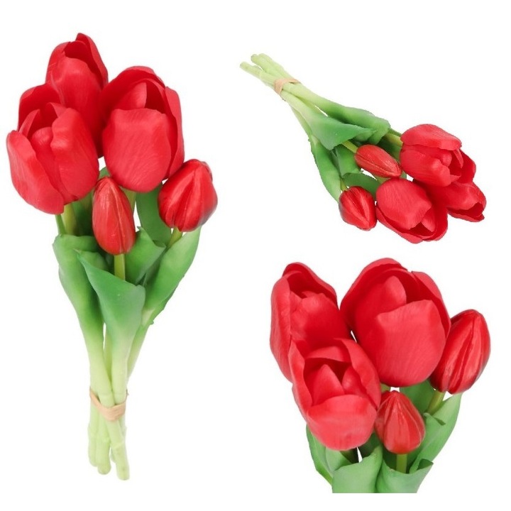Buchet de flori artificiale, tulipani rosii, 5 ramuri, 28-29cm