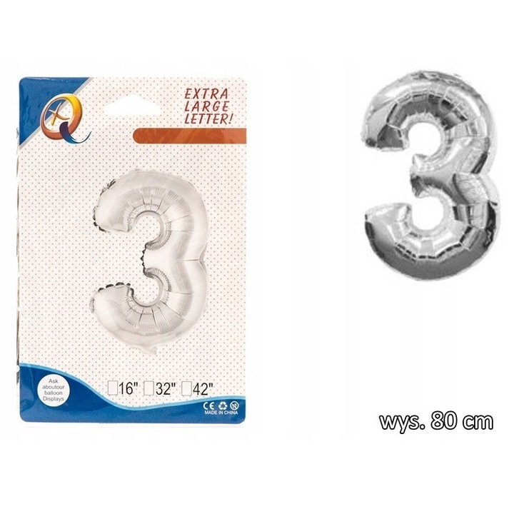 Balon folio cyfra 3, 80cm, argintiu