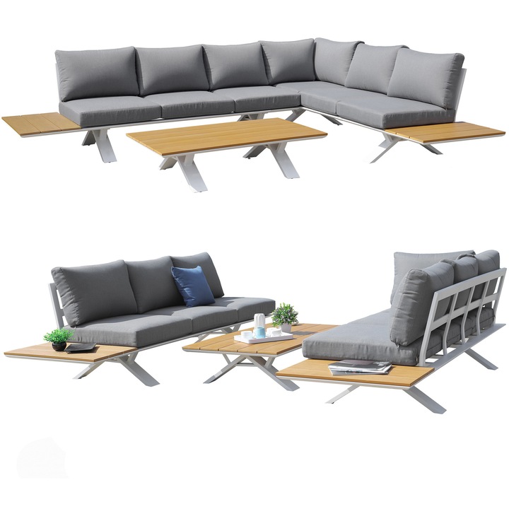 Set mobilier gradina JUMI, coltar cu functie de leagan, masa, aluminiu, 234x73,5x71,5cm