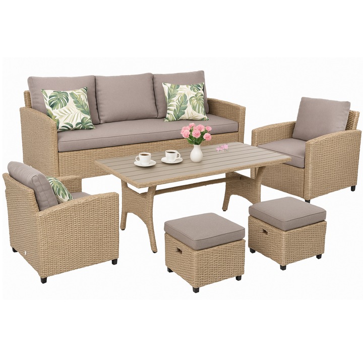 Set mobilier gradina JUMI 'MILANO', 3 locuri, 2 fotolii, 2 pufuri, masa dreptunghiulara, color: bej