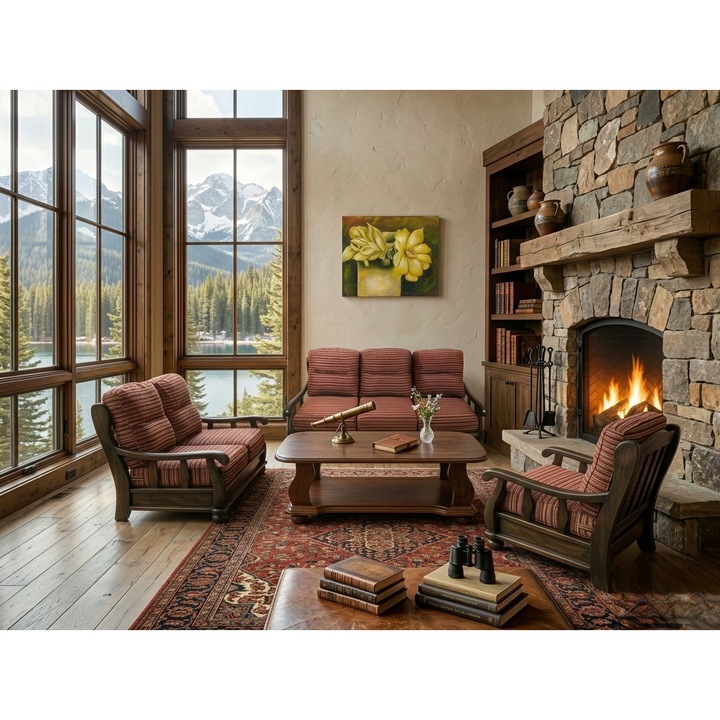 Set canapea fixa Praga 3+2+1, 5 perne decor incluse, nuc