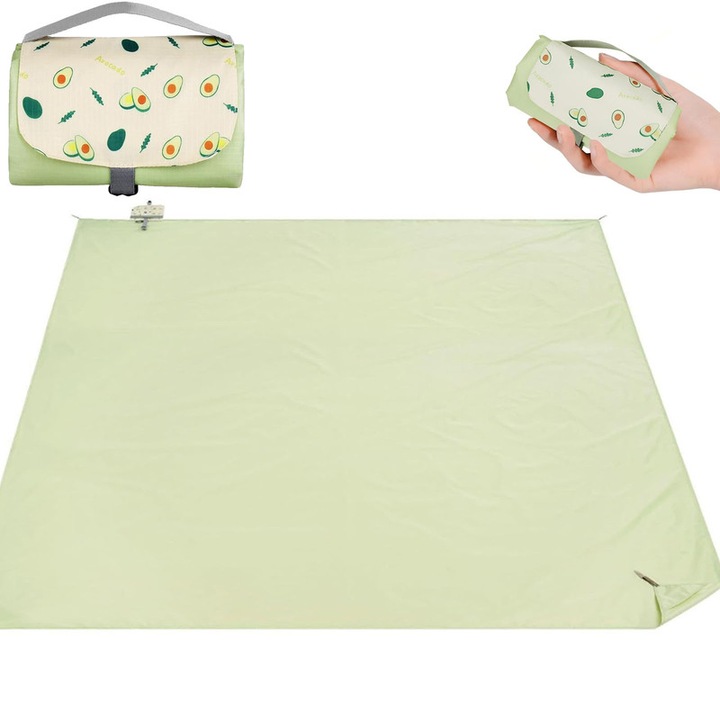 Patura de picnic, rezistenta la apa si umiditate, pliabila, usor de transport, Echipata cu buzunar cu mize integrate, suficienta pentru 6 persoane sa se odihneasca confortabil 210x220CM, Verde
