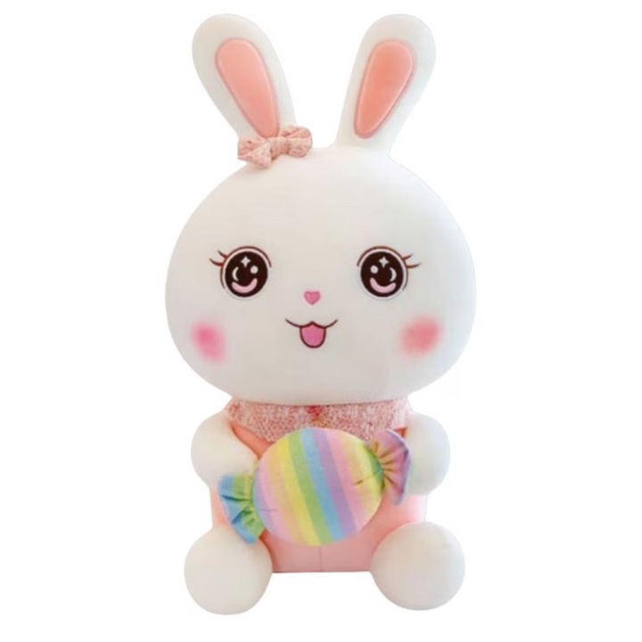 Jucarie din Plus, Iepure Plus, Iepuras cu Bombonica Colorata, Moale si Pufos, 30 cm