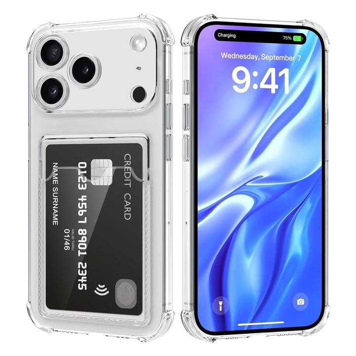 Husa telefon pentru iPhone 17 Pro, transparenta, cu suport pentru carduri, material TPU, colturi intarite