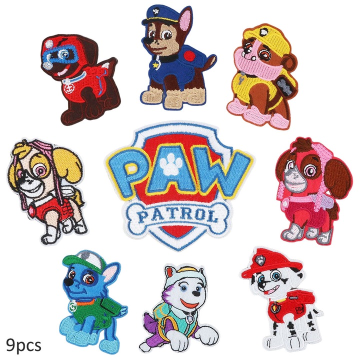 Set 9 bucati patch-uri brodate PAW Patrol, aplicare prin coasere sau calcare, multicolor