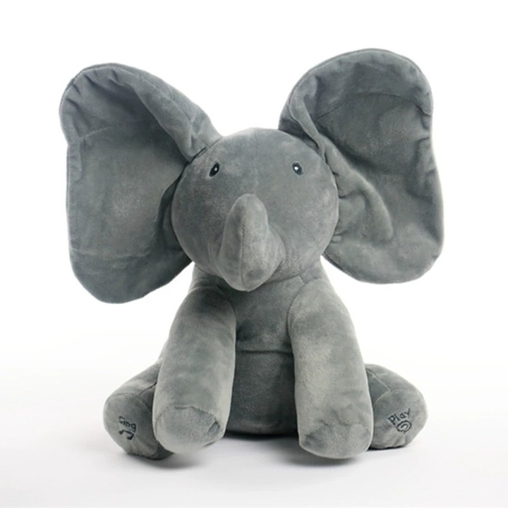 Elefant de plus interactiv cu urechi care bat, jucarie pentru copii, gri, 35x18x15cm