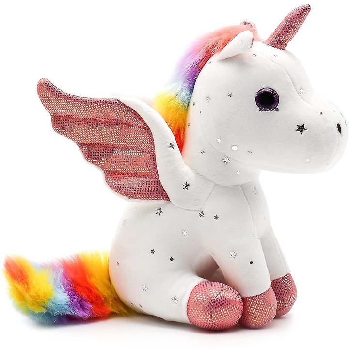 Jucarie de plus unicorn cu coada si mana curcubeu, 22cm, decorativa pentru copii