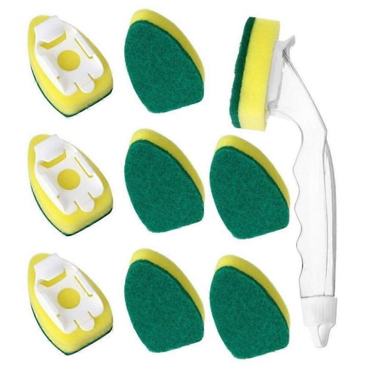 Burete de spalat vase cu dispenser automat, set 9 capete de perie, design ergonomic, multicolor