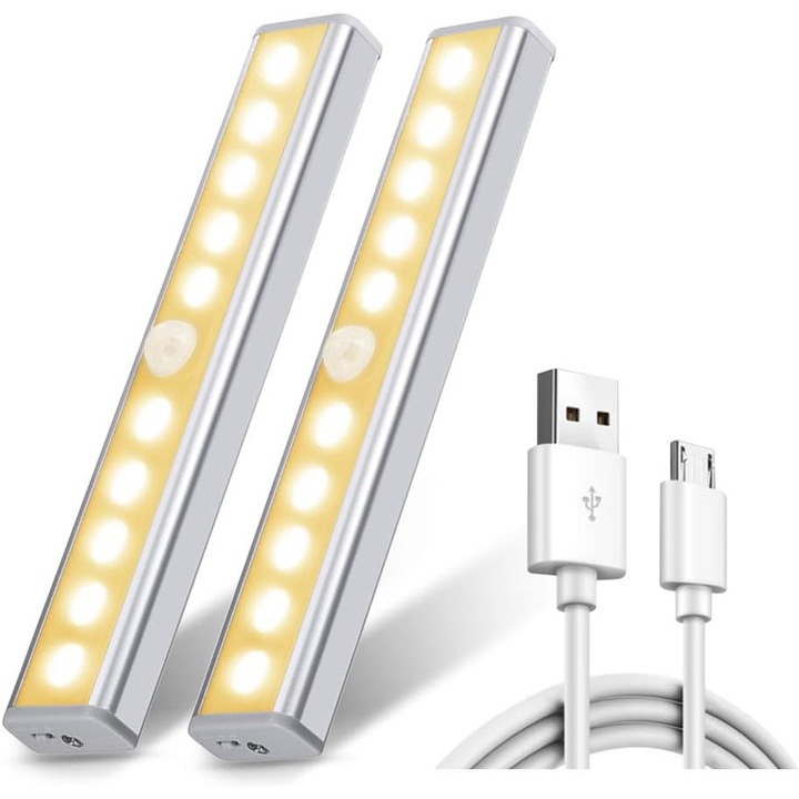Set de 2 benzi LED, 10 lumini, wireless, USB reincarcabile, magnetice, 6000-6500K