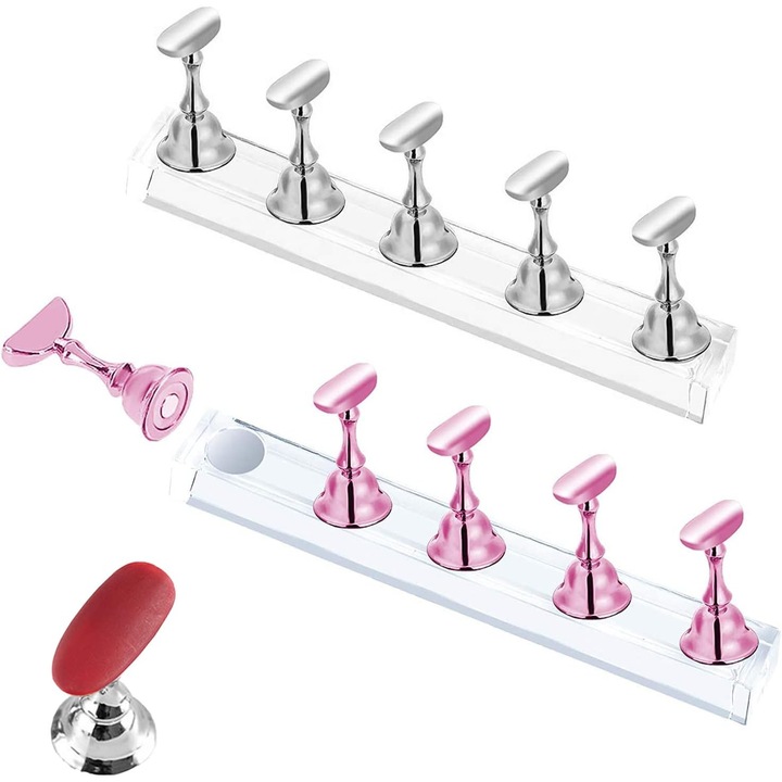 Set 2 suporturi magnetice pentru unghii false, kit de expunere unghii, design tabla de sah, 10 suporturi unghii, 10.6x1.5x1.1cm