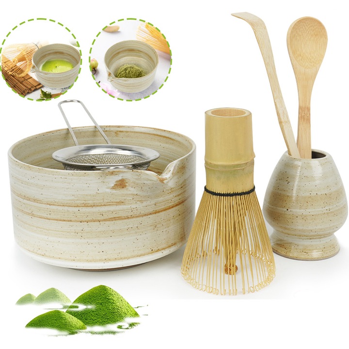 Set 6 accesorii ceai Matcha, Usor de utilizare, Ceramica/Bambus, Set perfect pentru a pregati o cupa traditionala de matcha，Set de ceai matcha din ceramica, format din 6 piese，Usor de curatat