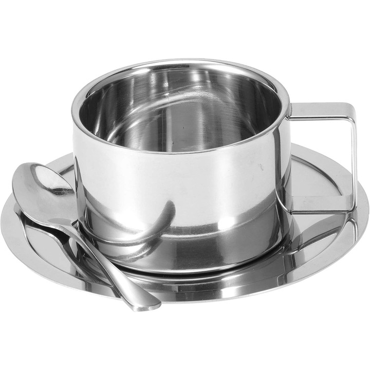 Set cana din inox, Caltucus Core®, 200ml, design cu perete dublu, cu lingurita si farfurie