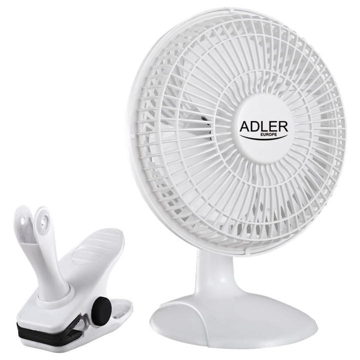 Вентилатор с щипка и основа, Adler AD 7317, 15см, 2 скорости, 30W, бял