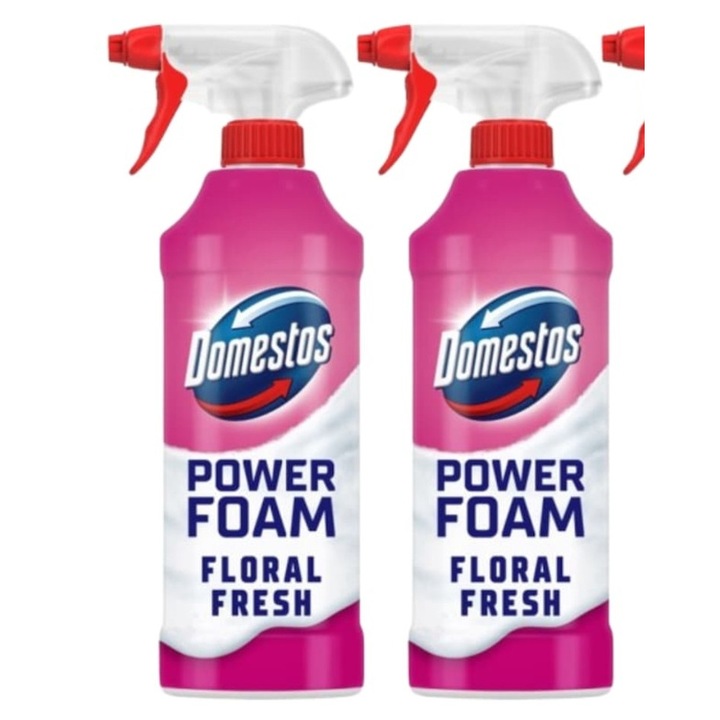 Set Spuma de curatare Spray, Domestos Power Foam, parfum Floral, 2x435ml, elimina 99, 99% bacterii, actiune in locuri greu accesibile