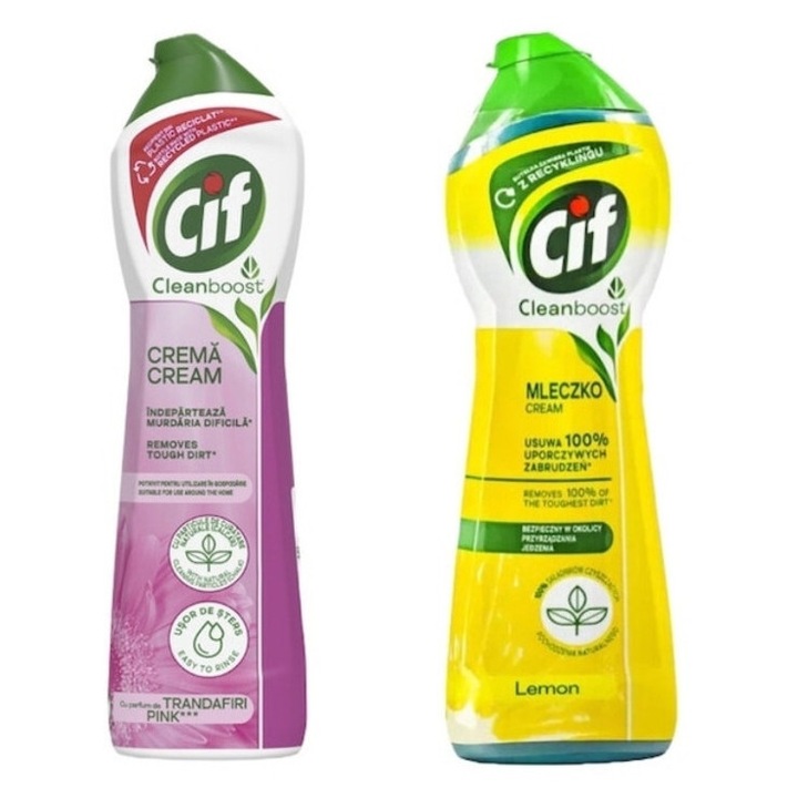 Set 2 x Cream Solutie Universala 500ml Pink, parfum floral & CIF Crema de curatat CleanBoost cu parfum de lamaie 750ml, distruge calcarul, rapid si eficient, testat dermatologic, prospetime de lunga durata