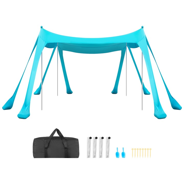 Strandi sátor, napernyő típusú, 3x3 m, UPF 50+ napvédelem, zöld, 4-7 személyes, homokzsákokkal és stabilizáló oszlopokkal, teljes készlet