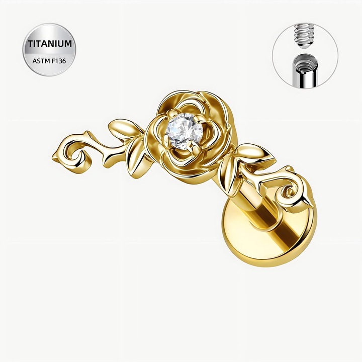 Piercing Labret din titan ASTM F136, pentru Helix/Tragus/Conch Rose Elegance, auriu, cu filet intern, Funny Party Shop®