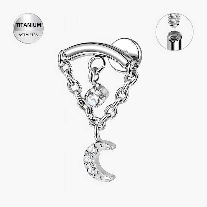 Titan Moon Chains – Piercing din Titan ASTM F136 pentru Rook, Daith si Snug, argintiu, Funny Party Shop®