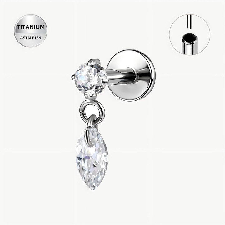 Piercing Labret din titan ASTM F136, pentru Helix/Tragus/Conch cu zirconiu si pandantiv picatura, cu infiletare interioara, argintiu, Funny Party Shop®