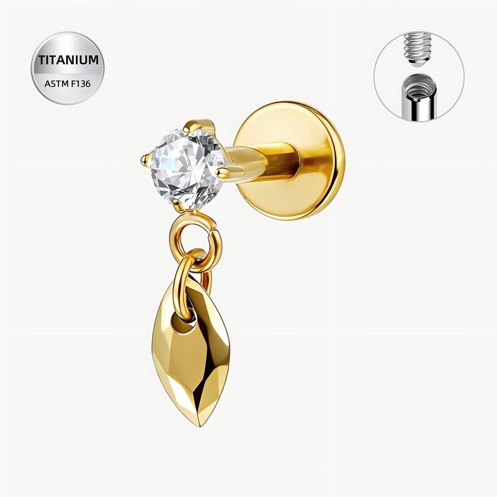 Piercing Labret din titan ASTM F136, pentru Helix/Tragus/Conch cu zirconiu si pandantiv picatura, cu infiletare interioara, auriu, Funny Party Shop®