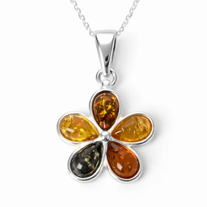 Colier Argint 925 cu Floare din Chihlimbar Natural in 3 Culori - Energie Calda si Feminitate