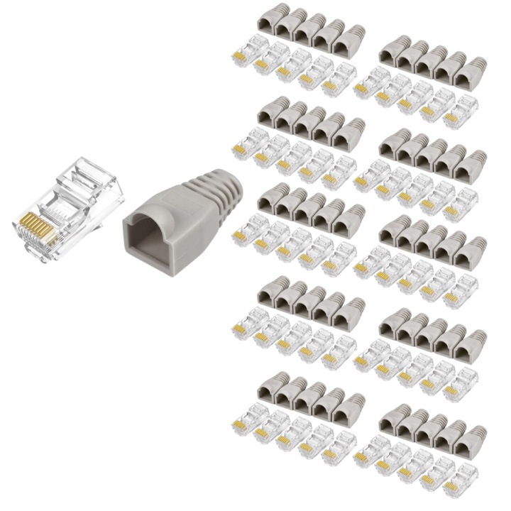 Set 50 conectori RJ45 Cat6e ecranati cu pini placati cu aur si 50 mansoane protectie, gri