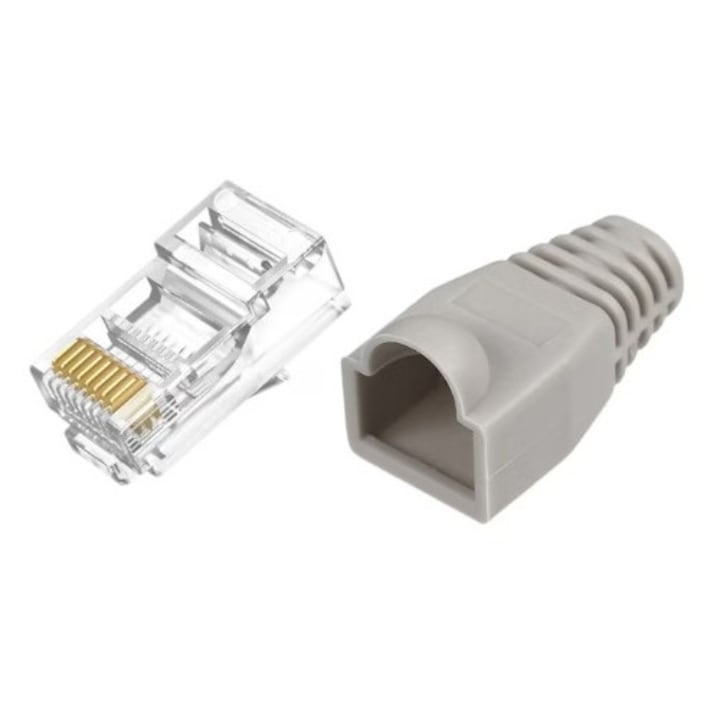 Set conector rețea RJ45 Cat6e ecranat cu pini placati cu aur și manson protecție, gri