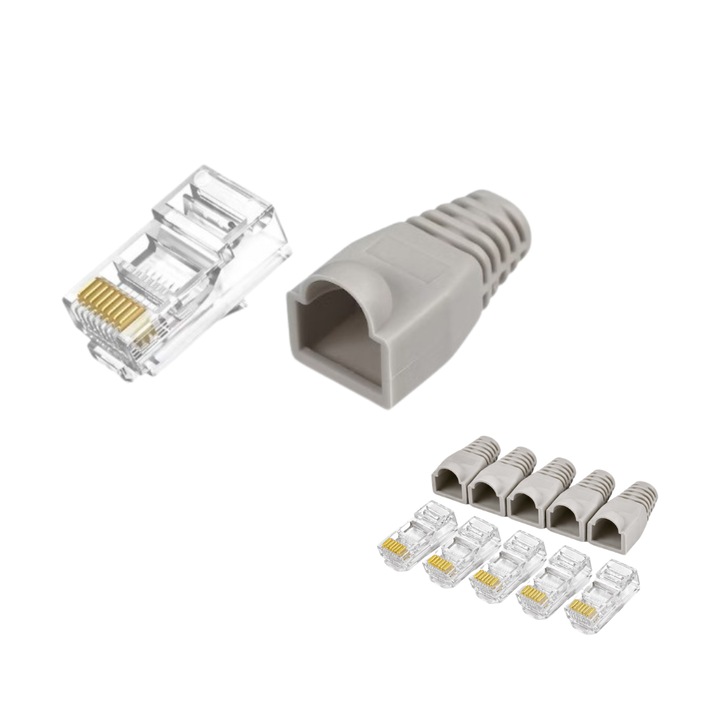 Set 5 bucati conectori retea RJ45 Cat6e ecranati ez pass through cu pini placati cu aur si 5 bucati mansoane protectie gri pentru cablu UTP sau FTP