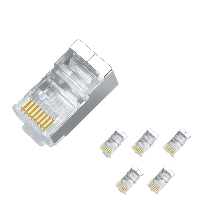 Set 5 conectori rețea RJ45 ecranati Cat6e, EZ pass through, argintiu, dimensiuni 22x19x17mm